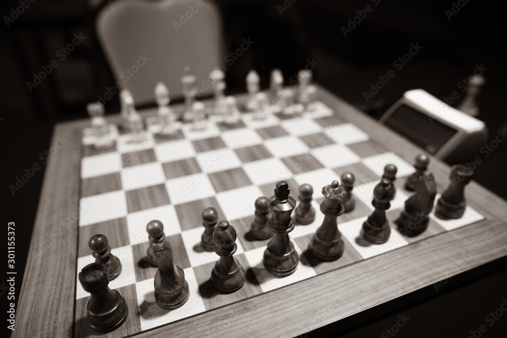 Monochrome shallow depth of field (selective focus) image with wooden chess pieces on a wooden table before a professional competition. Monochrome shallow depth of field (selective focus) image with wooden chess pieces on a wooden table before a professional competition.