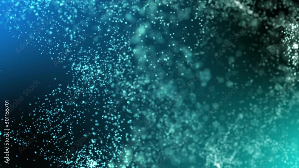 Blue particles cloud changing its shape, with camera changing its aperture - depth of field and focus point.  Abstract technology, engineering and communications motion background. 3D rendering