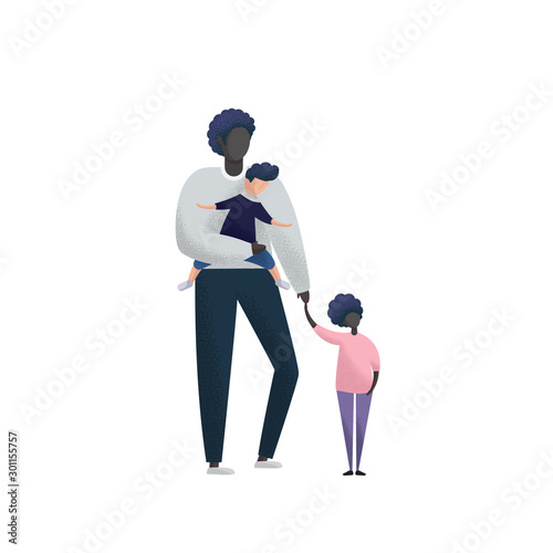 Single father with daughter and adopted son on arms. Flat vector illustration.