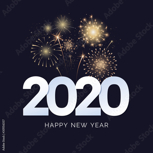 Happy New Year 2020 greeting card design. 2020 text with festive fireworks explosions isolated on dark background. Congratulation banner. Vector illustration.