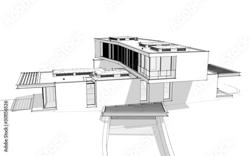 3d rendering of modern cozy house on the hill with garage and pool for sale or rent. Black line sketch with soft light shadows on white background.