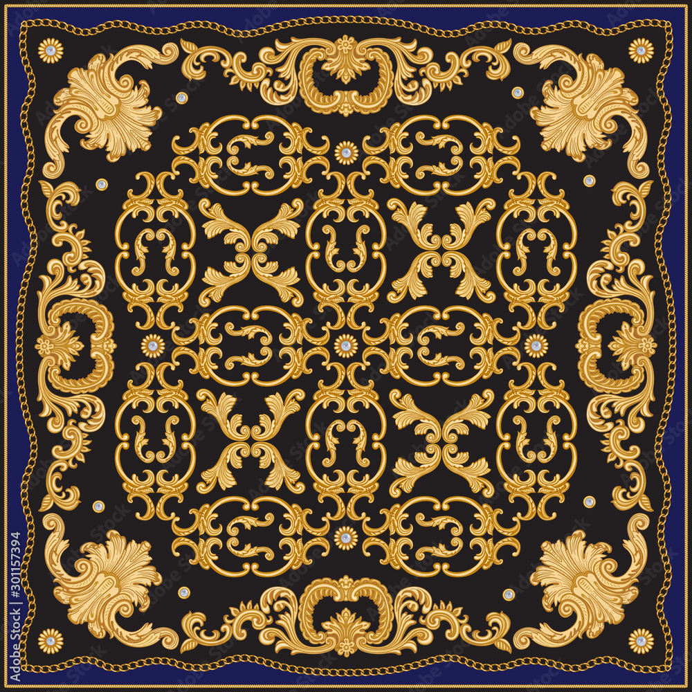 heroisk sø Født Baroque print on a dark blue and black background. Fashionable pattern gold  chains, scrolls, pearls. Scarf, bandana, neckerchief, kerchief, silk  textile patch, carpet. 3 pattern brushes in the palette Stock Vector 