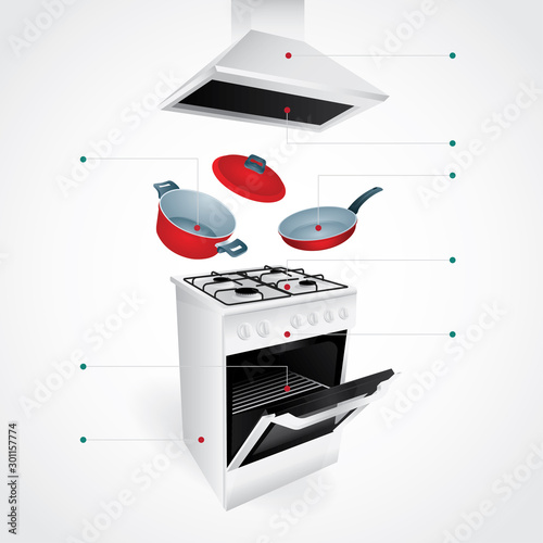 Kitchen appliances concept. Cooking, kitchenware and gas stove realistic illustration. Gas freestanding range with flaying pan and frying pan. Part of set.