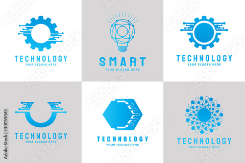 Future digital technology logo template - network, internet, connection, brainstorming, ideas, line art style icons