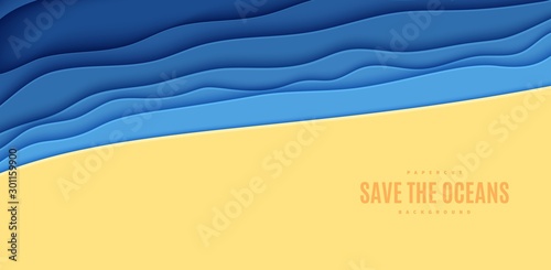 Abstract horizontal background in cut paper style. Cutout blue sea wave and beach sand template for for save the Earth posters, World Water Day, eco brochures. Vector water applique illustration.