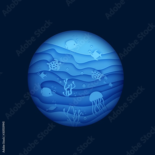 View of the underwater world through the porthole of a submarine in paper cut style. Vector butterfly fish jellyfish moonfish turtle. Paper craft underwater ocean diving concept deep blue marine life