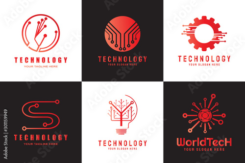 Future digital technology logo template, network, internet, connection, brainstorming ideas, vector art line design, illustration elements