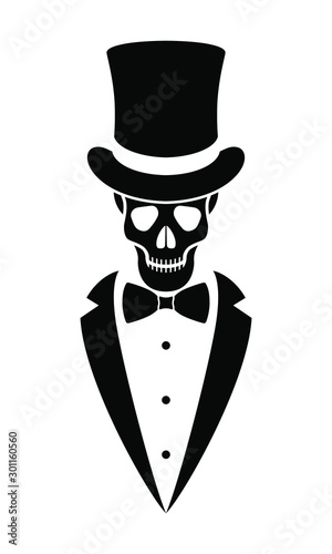 Skeleton gentleman graphic icon. Human skull in top hat, tuxedo and bow tie sign isolated on white background. Vector illustration