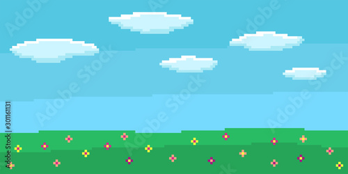 Pixel art game background with blue sky and clouds, green grass with flowers. 8-bit flat vector illustration. 