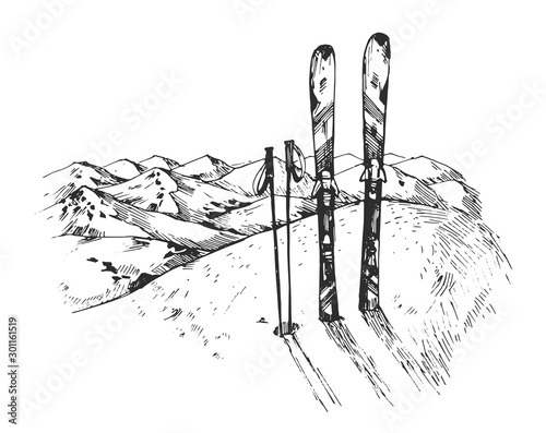 Hand drawn mountains and ski in the snow. Vector outline isolated on white background