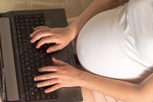 Pregnant woman sits on sofa and writes by laptop at home. Freelance work. Home office concept