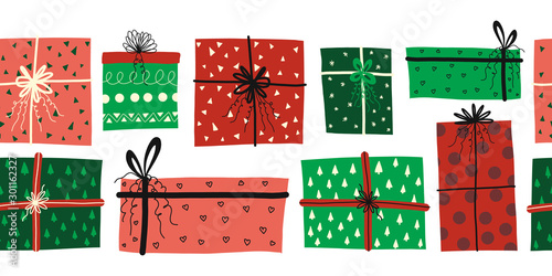 Christmas Gift boxes seamless vector border. Repeating pattern with colorful wrapped presents red green white. Christmas gift box with bows design Scandinavian style. Holiday art 