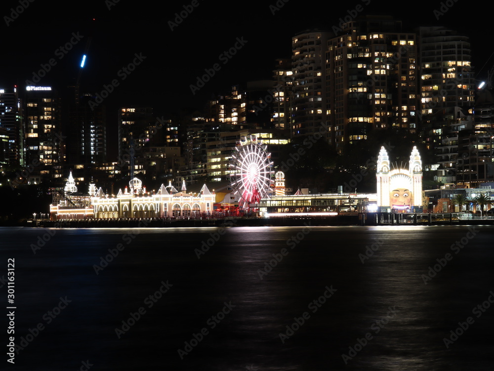 Sydney Harbour foreshore and skyline at night