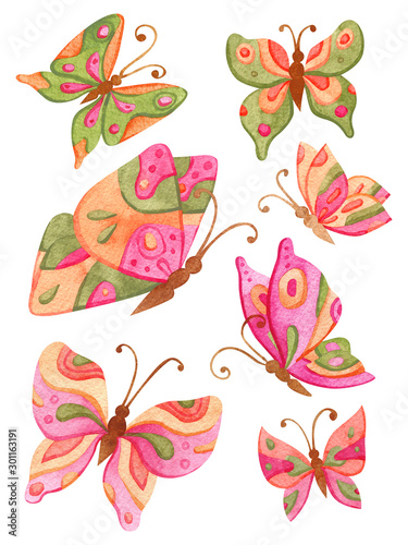 Set of beautiful watercolor butterflys. Hand painted design elements. Suitable for decorating cards, posters, packaging and more. Isolated on white.