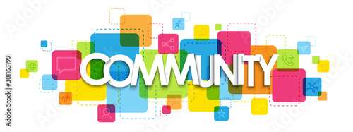 COMMUNITY typography banner on colorful squares with symbols