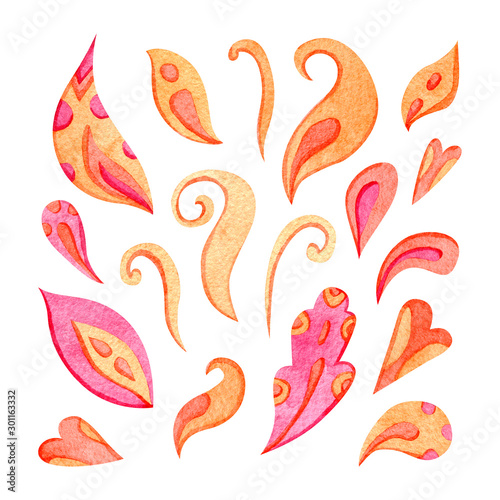 Set of colorful watercolor petals. Hand painted design elements. Suitable for decorating cards, packaging and more. Isolated on white.