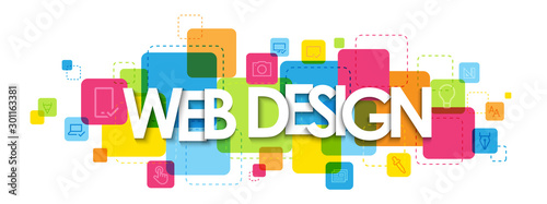 WEB DESIGN typography banner on colorful squares with symbols
