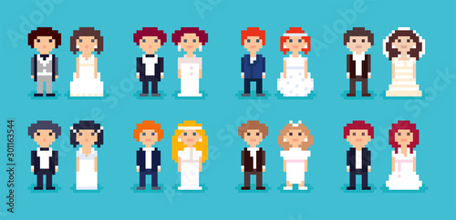 Set of pixel art wedding couples. Cute characters. Brides and grooms isolated on blue background. 8-bit vector illustration.
