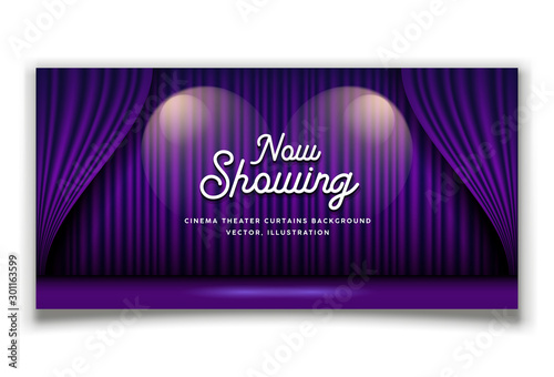 Cinema Theater curtains purple banner background, vector illustration
