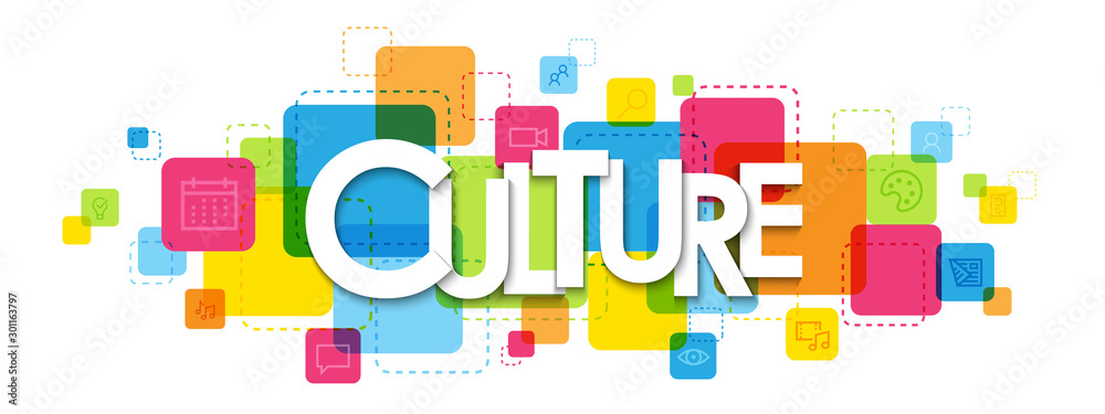 CULTURE typography banner on colorful squares with symbols