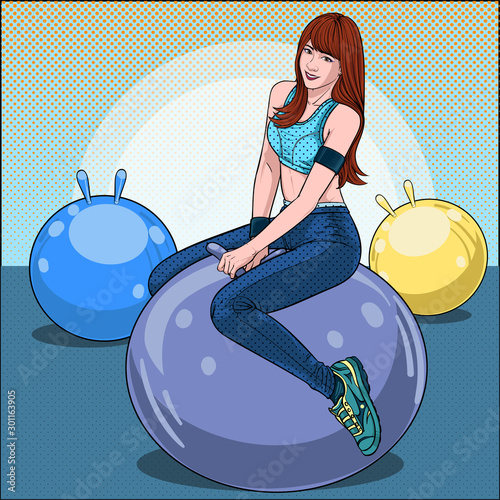 Women exercising with ball balloons fun and happy Illustration vector On pop art comics style Abstract dot colorful wall background photo