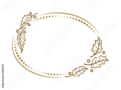 Vector horisontal oval dotted frame with Christmas holly decoration.