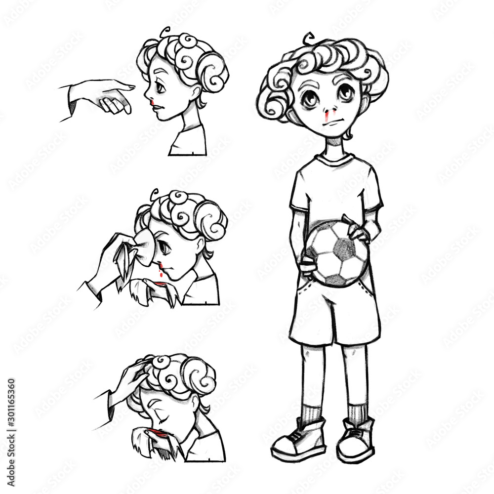 How To Stop a Nosebleed. Illustration with a cartoon boy with a ball, boy wearing sport clothes. Helpful tips to stop bloody nose. Isolated on white background. How To Stop a Nosebleed. Illustration with a cartoon boy with a ball, boy wearing sport clothes. Helpful tips to stop bloody nose. Isolated on white background.