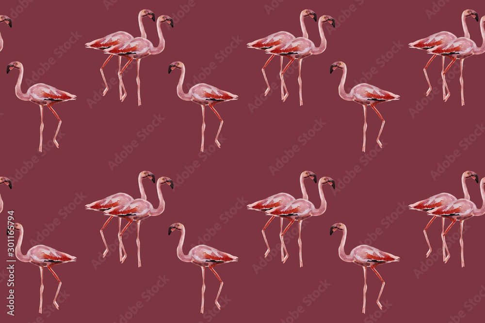 Obraz premium Pink flamingos on chery color background. Seamless pattern for fabric, paper. Summer concept design.
