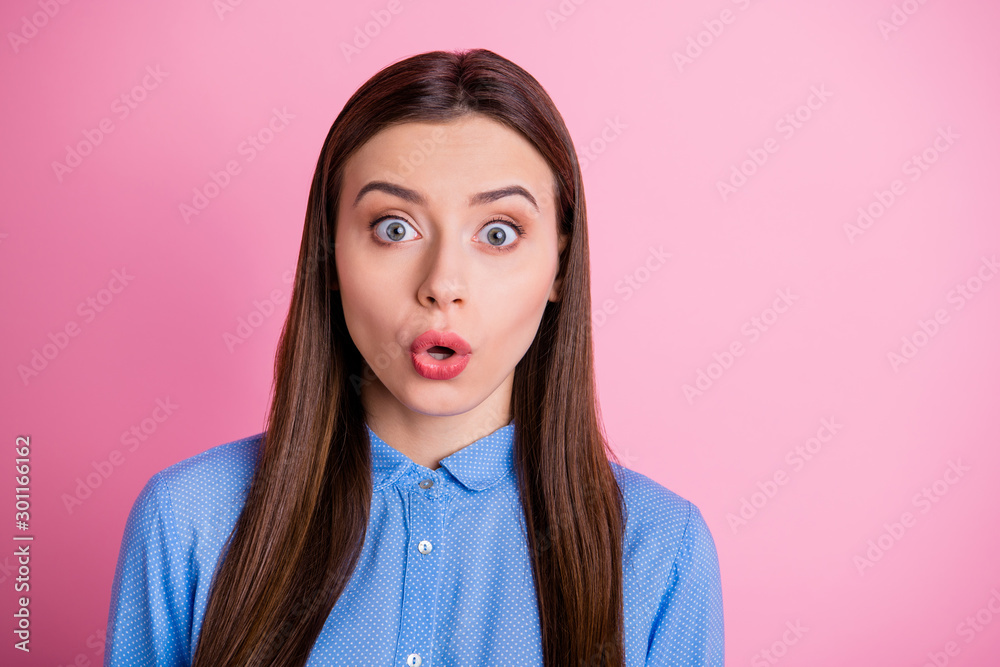 Photo of charming lady with open mouth and eyes full fear did big mistake wear blue dotted shirt with collar isolated pink color background Photo of charming lady with open mouth and eyes full fear did big mistake wear blue dotted shirt with collar isolated pink color background