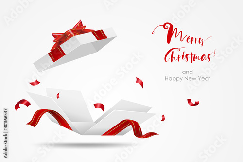 Surprise white gift box with red ribbon.  Open gift box isolated. Merry Christmas and Happy New Year.