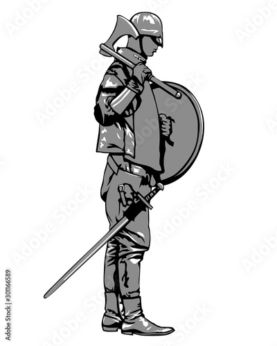 Man in old knightly clothes on white background