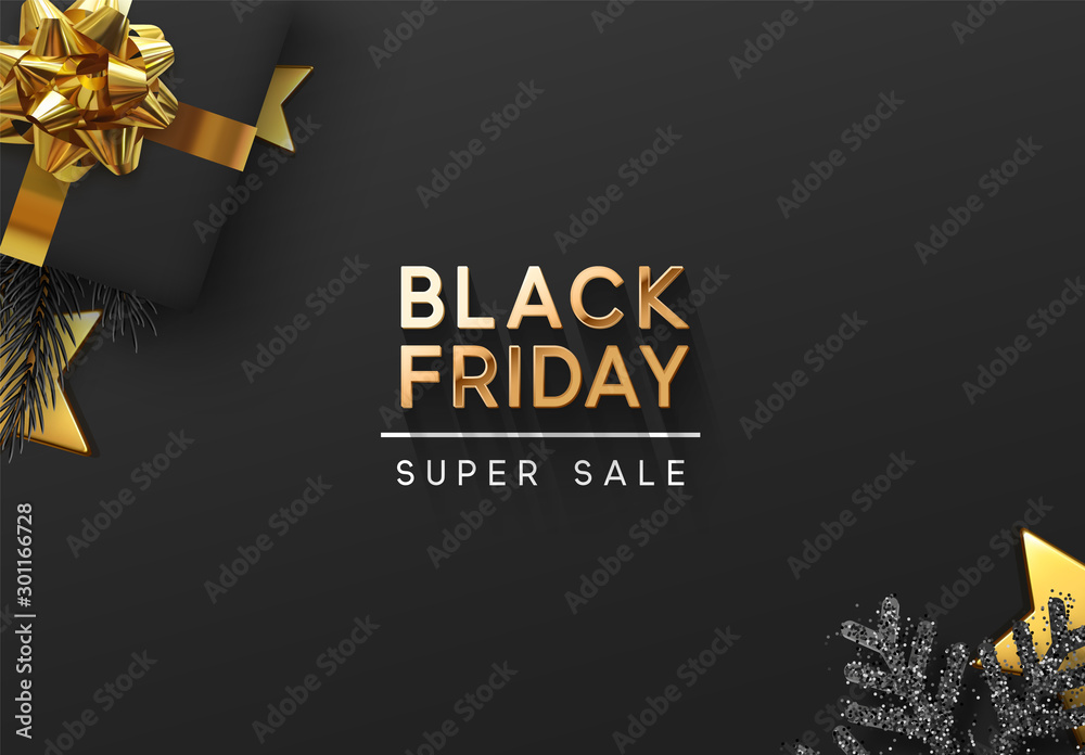 Black friday sale Background. Festive design of realistic black gifts box,  glitter silver snowflake, golden stars. Xmas poster, banner, greeting  cards. New Year's composition with gift present Stock ベクター | Adobe Stock