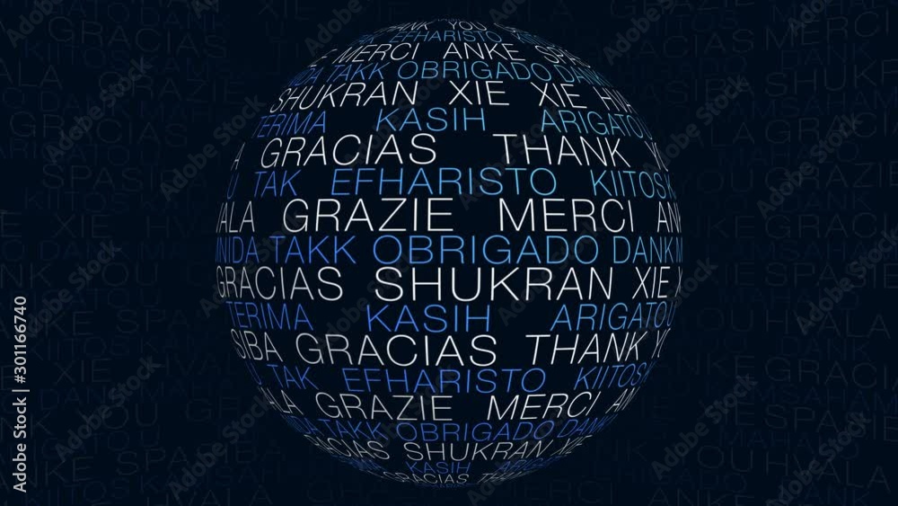 Thank You Word Cloud Globe Loop. Rotating sphere of conceptual keywords for use as background animation.