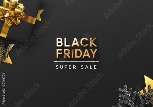 Black friday sale Background. Festive design of realistic black gifts box, glitter silver snowflake, golden stars. Xmas poster, banner, greeting cards. New Year's composition with gift present