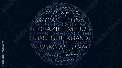 Thank You Word Cloud Globe Loop. Rotating sphere of conceptual keywords for use as background animation.