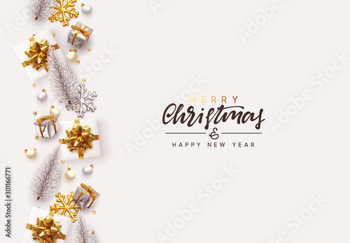 Merry Christmas and Happy New Year. Decorative Christmas Ornaments, realistic gift boxes, 3d snowflake, Xmas ball, lush pine tree. Silver and white color Holiday decoration. Decor Border from objects