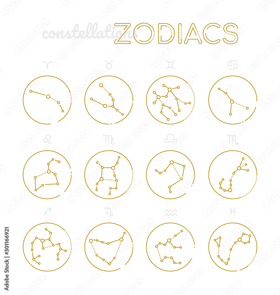 Zodiac constellations - set of twelve astrological signs