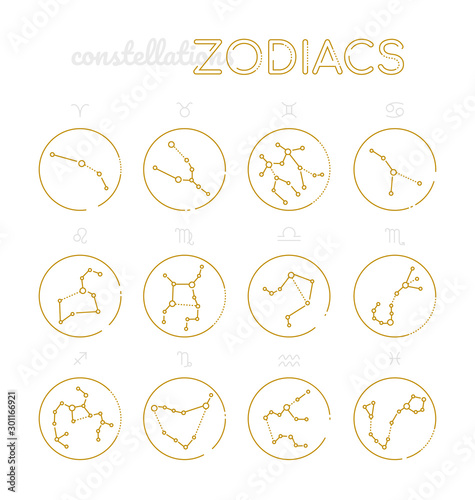 Zodiac constellations - set of twelve astrological signs