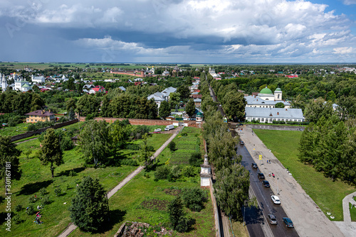 Russia, Vladimir Oblast, Golden Ring, Suzdal: Arial view of one of the oldest Russian towns with Lenin street and famous old old Saviour Monastery of Saint Euthymius seen from bell tower.