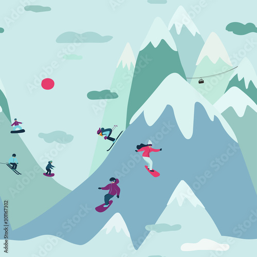 Seamless pattern with skiing and snowboarding people.