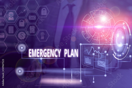 Handwriting text writing Emergency Plan. Conceptual photo procedures for handling sudden or unexpected situations Picture photo system network scheme modern technology smart device