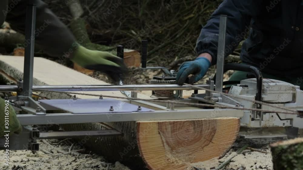 Close Up Of Lumberjacks Planking Cherry Tree Trunk With Chainsaw And Jig Having Problems Close Up Of Lumberjacks Planking Cherry Tree Trunk With Chainsaw And Jig Having Problems