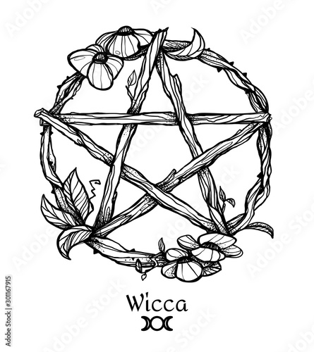 Wiccan element. Graphic pentagram with flowers and leaves.