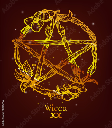Wiccan element. Graphic pentagram with flowers and leaves.