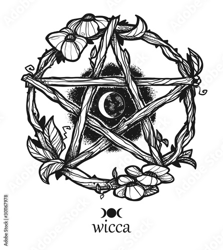 Wiccan element. Graphic pentagram with flowers and leaves.