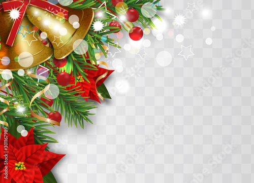 Christmas border decorations with fir branches, golden bells, Christmas flowers poinsettia, holly berries and decorative ribbons. Design element for Xmas or New Year on transparent background.