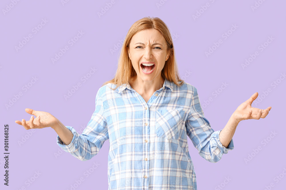 Stressed woman on color background Stressed woman on color background