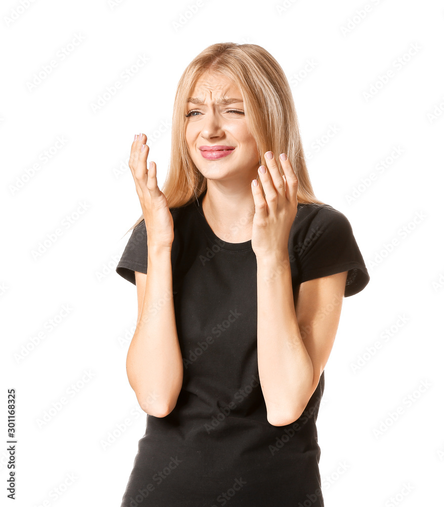 Stressed young woman on white background Stressed young woman on white background