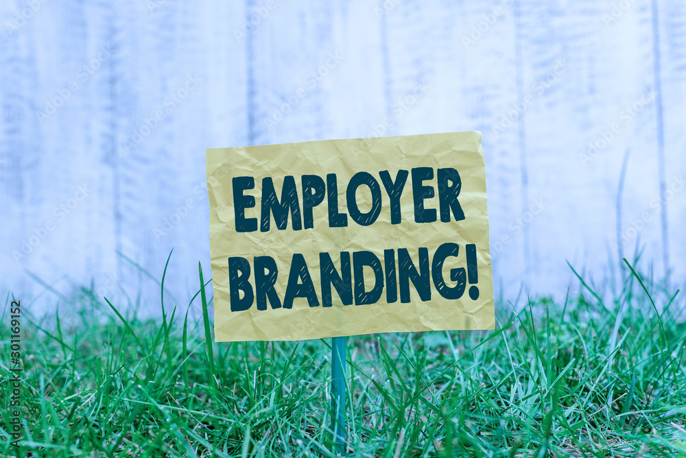 Word writing text Employer Branding. Business photo showcasing promoting company employer choice to desired target group Plain empty paper attached to a stick and placed in the green grassy land