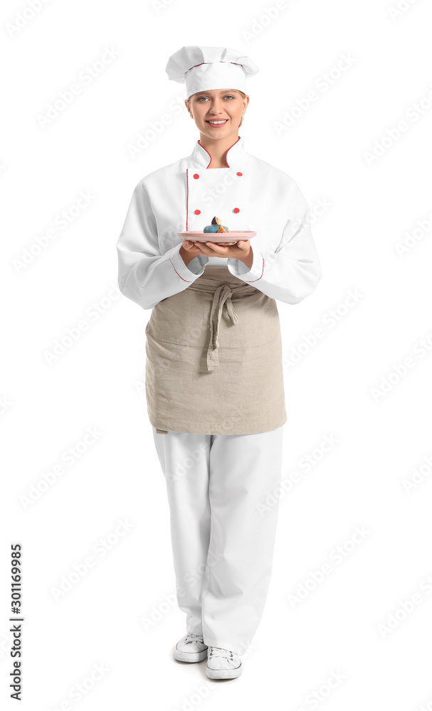 Female confectioner with tasty dessert on white background